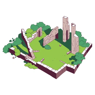 An aerial view showcases a site of ancient ruins, with various stone structures partially visible among the lush greenery that surrounds them. Some structures are tall, made of worn stones, standing amidst smaller remnants of walls and pathways. Shadows cast by the structures create a pattern on the ground, hinting at the historical significance of the area. The ruins are interspersed with patches of vibrant vegetation, suggesting nature's reclaiming of the land over time.