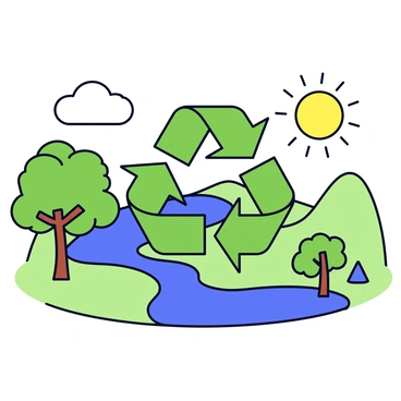 A poster featuring a large, stylized recycling symbol in the center, composed of three arrows in a vibrant green color. Surrounding the symbol are various elements representing eco-friendly practices, such as trees with lush green leaves, a blue river flowing gently, and a bright sun shining down. In the background, rolling green hills create a serene landscape. The overall composition is balanced, emphasizing the importance of sustainability and nature.