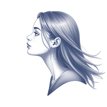 A young woman is depicted in a side profile view. She has long hair that cascades down her back, dramatically blowing in the wind. The wind creates movement in her hair, giving it a sense of flow and dynamism. Her facial features are softly outlined, with a gentle expression. The background is minimal to highlight her profile without distractions.