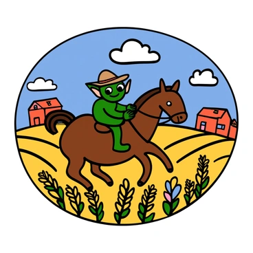 A gremlin riding a big farm animal, happily exploring a sunny farm.