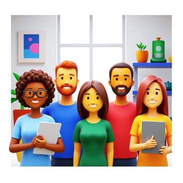 A group of five diverse individuals smiling in a modern office environment. The team includes a woman with curly hair wearing glasses, a man with a beard and a blue shirt, an Asian woman with straight hair in a green dress, a man with short hair in a red shirt, and a woman with long hair wearing a yellow top. They stand together in front of colorful office decor featuring abstract art and potted plants. A large window lets in natural light, illuminating their cheerful expressions. Each person holds a different creative tool, such as a tablet, sketchbook, or camera.