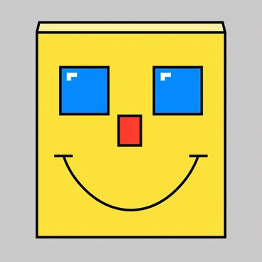 A large, pixelated face is formed using vibrant, colorful squares that resemble an early video game design. The face features a wide smile made of bright yellow pixels, with large blue pixels for the eyes that give it a cheerful expression. The nose is a simple red square positioned centrally. The background consists of a light gray, adding contrast to the colorful face. Each pixel is clearly defined, emphasizing the retro gaming aesthetic.