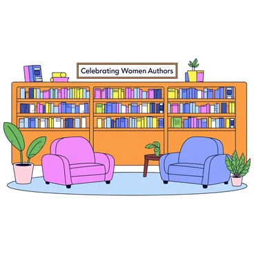 A cozy bookstore with warm wooden shelves filled with books by women authors. The shelves are adorned with colorful book covers prominently displaying titles and author names. Comfortable reading nooks with plush chairs are situated between the shelves, inviting readers to sit and enjoy. Soft lighting creates a welcoming atmosphere, while small potted plants are placed around the store, adding a touch of greenery. A sign above the main display reads "Celebrating Women Authors."