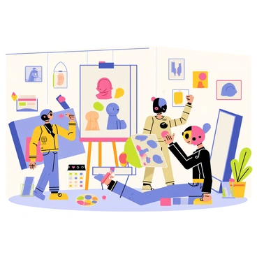 A studio filled with vibrant colors and art supplies. In one corner, a robot with a brush is painting on a large canvas, using bright red and blue strokes. Nearby, another robot is sculpting a figure out of clay, carefully shaping it with its mechanical hands. A third robot is working on a digital tablet, drawing intricate designs with a stylus. The walls of the studio are adorned with various pieces of art, showcasing the diverse creations of the robots. A palette of paints and various tools are scattered around, enhancing the creative atmosphere.