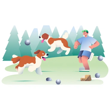 A playful brown and white dog with floppy ears is running around energetically in a grassy field. The dog's tongue is hanging out as it leaps through the air, chasing after a bouncing ball. In the foreground, a petanque game is taking place with two players. One player, wearing a blue shirt and shorts, is in the process of throwing a metal boule, while the other player, dressed in a green cap and white t-shirt, watches closely. Several metallic boules are scattered on the ground, glinting in the sunlight, and a wooden cochonnet is positioned nearby. The background is filled with tall trees and blue sky, adding to the outdoor atmosphere.