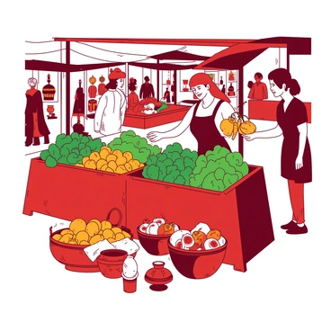 A red market stall is filled with an array of fresh produce, including vibrant green vegetables and plump orange fruits. There are woven baskets displaying colorful local crafts, such as pottery and textiles, arranged neatly around the stall. Shoppers are interacting with the vendor, a middle-aged woman with a welcoming smile, who is handing a customer a bunch of yellow carrots. The scene has a lively atmosphere, with additional market stalls and people browsing in the background.