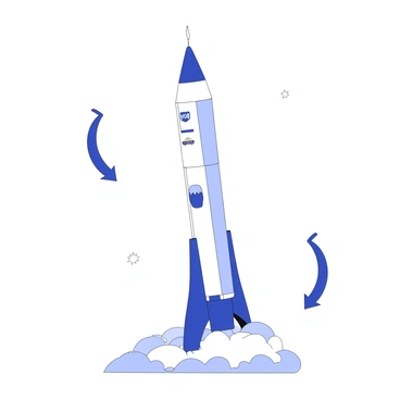 A rocket is positioned on a launch pad, with flames and smoke billowing from its engines as it begins to take off. The rocket is tall and cylindrical, adorned with various logos and markings. Arrows are illustrated alongside the rocket, one pointing upwards to indicate the thrust generated by the engines, while another arrow points downwards, representing atmospheric resistance. The background features a clear sky, emphasizing the rocket’s ascent into space.