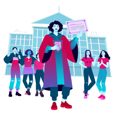 A proud student with medium brown skin and curly hair stands confidently in front of a futuristic school building. They are wearing a vibrant graduation gown with an emblem of academic excellence. In one hand, they hold up their baccalauréat certificate, displaying it prominently for the camera. Their expression is one of joy and determination, with a big smile that highlights their excitement. A group of friends with diverse appearances stands nearby, cheering and celebrating this achievement, creating a lively atmosphere filled with happiness and pride.