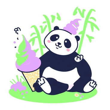 A panda is sitting on a grassy patch, holding a giant ice cream cone with multiple scoops. The ice cream is piled high in vibrant colors, and the panda is reaching out with its paw to take a big lick. The scene is sunny, with soft shadows cast by the bamboo trees in the background. Nearby, there are a few scattered colorful sprinkles on the ground, and a small butterfly flutters around the panda's head. The panda's black and white fur contrasts with the colorful details of the ice cream cone.