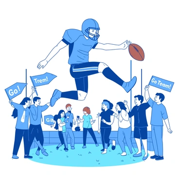 A blue high school football player is in mid-air, executing a perfect kick of a brown football. The player is wearing a blue jersey with white stripes and a white helmet, showcasing determination in his expression. Below him, a group of classmates is cheering enthusiastically, their faces filled with excitement. They are wearing a mix of blue and white outfits, waving their hands and holding up banners that read "Go Team!" in bold letters. The background shows a grassy football field with goalposts in view.