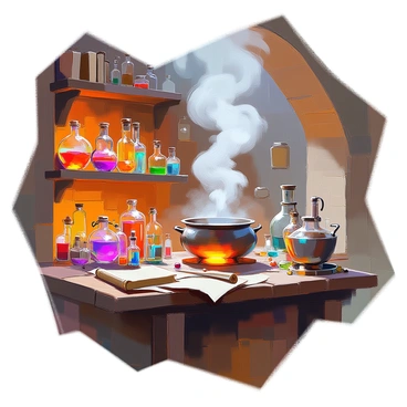 A medieval alchemist's laboratory is filled with numerous bubbling potions of various colors. Glass bottles and vials are arranged on wooden shelves, showcasing vibrant liquids like deep green, bright red, and electric blue. A large wooden workbench occupies the center of the room, cluttered with parchment scrolls, intricate tools, and herbs. In one corner, a large cauldron simmers over a flickering flame, emitting wisps of steam. The walls are lined with ancient books and strange artifacts, adding to the atmosphere of mystery. Dim candlelight casts flickering shadows, illuminating the intricate details of the space.