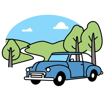 A classic vintage car, painted in deep navy blue, is parked on the side of a scenic road. The car has a rounded body and chrome accents, featuring large, stylish headlights and an elegant grille. A lush green landscape with rolling hills is visible in the background, along with a clear blue sky above. The road is lined with tall trees, their leaves gently swaying in the breeze. In the distance, a winding path leads into the horizon, enhancing the charm of this picturesque setting.