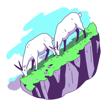 Two white mountain goats are grazing on a steep, grassy cliff, their hooves firmly gripping the rocky surface. The cliff is covered with vibrant green grass and patches of small wildflowers. One goat is bending down to nibble on the grass, while the other is standing upright, looking alert as it surveys the area. The sun casts soft shadows around them, highlighting their agile bodies and the rugged texture of the cliff. In the background, a clear blue sky stretches above, enhancing the scene of the mountain goats skillfully navigating the challenging terrain.