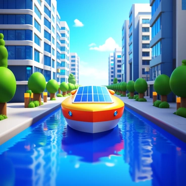 A streamlined boat with solar panels cruising through a futuristic city canal