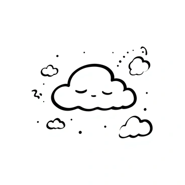 A fluffy cloud with a rounded shape floats in the sky, displaying a soft texture. It has closed eyes formed by gentle curves, suggesting a dreaming expression. The surrounding area features smaller clouds drifting peacefully, enhancing the serene atmosphere. The sky is vast and empty, providing a sense of space around the cloud.