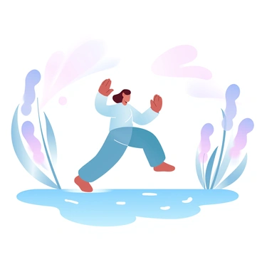 A calm individual is practicing tai chi in a flowing movement. The person is dressed in comfortable loose-fitting clothing that enhances their graceful motions. Surrounding them are tall swaying reeds, bending gently in the breeze, creating a natural frame around the figure. The river flows smoothly nearby, reflecting soft, gradient pastel colors of dawn or dusk in its surface. Small ripples form in the water as the gentle wind passes through the reeds.