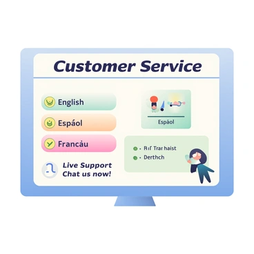 An interface is displayed on a digital screen showing various customer service options. The background of the interface is light blue, providing a calm visual base. At the top, there is a large heading that reads "Customer Service" in bold, black text. Below the heading, multiple buttons are arranged horizontally, each featuring an icon next to text indicating different languages such as "English," "Español," "Français," and "Deutsch." Each button is a rectangular shape with rounded corners, colored in soft pastel shades. In the lower part of the interface, there is a chat icon that represents live support, accompanied by a brief text reading "Chat with us now!" in a friendly font. The overall layout is organized and easy to read, emphasizing accessibility for users from diverse backgrounds.