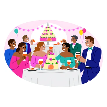 A joyful wedding reception filled with guests celebrating. People are toasting with sparkling punch in elegant, ornate glasses that catch the light. The setting features beautifully decorated tables with white linens and floral centerpieces in soft pastel colors. Balloons and streamers add a festive touch to the atmosphere, and the guests are dressed in formal attire, smiling and engaging in cheerful conversations. In the background, a large wedding cake is displayed prominently on a table, adorned with delicate frosting and fresh flowers.