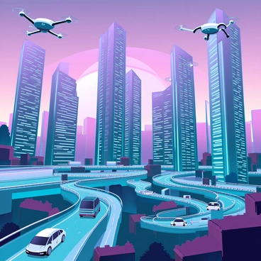 A sprawling futuristic cityscape filled with interconnected smart buildings, each showcasing sleek, reflective designs with dynamic LED displays. The buildings vary in height, some towering into the sky, while others are connected by transparent sky bridges. Below, a digital traffic management system operates seamlessly, with autonomous vehicles navigating efficiently on illuminated roadways. Drones zip overhead, monitoring the flow of traffic. Parks with vertical gardens and solar panels are integrated into the architecture, adding greenery to the urban environment. In the distance, a sunset casts vibrant hues of purple and orange over the skyline, enhancing the city's modern aesthetic.