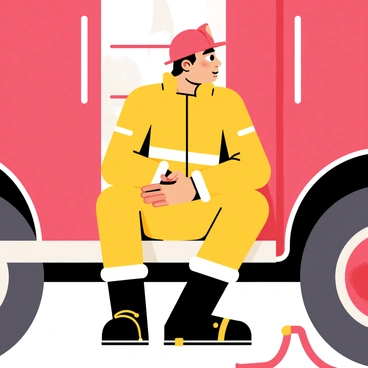 A firefighter wearing a red helmet and a bright yellow uniform is sitting on the step of a red fire engine. The firefighter has a look of exhaustion, with a few beads of sweat on their forehead. Their hands rest on their knees as they take a moment to breathe. The fire engine has a shiny chrome ladder attached to its side, and the background shows a blurred view of a smoky landscape. The firefighter's boots are slightly dusty from the ground, and there is a fire hose coiled beside the engine.