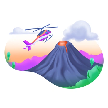 A helicopter hovering just above the rim of an active volcano, with plumes of smoke and ash rising in the background. The volcano features a rugged, rocky surface with molten lava visible in the crater. The helicopter has bright red and white markings, and its rotor blades are spinning rapidly. Surrounding the scene are patches of green vegetation contrasted against the dark volcanic rock. The sky above is a mix of deep gray and orange hues, indicating the time of day is late afternoon.