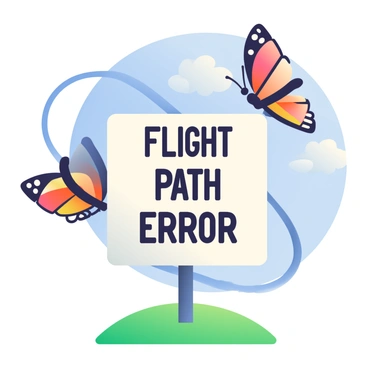 A colorful butterfly with vibrant orange and black wings is flying in a continuous loop around a rectangular sign. The sign is white with bold black lettering that reads "'Flight Path Error." The background features a clear blue sky with a few fluffy white clouds. The butterfly's wings are spread wide as it gracefully maneuvers in the air, creating a dynamic motion around the stationary sign. A green grass field is visible below the sign, adding contrast to the scene.