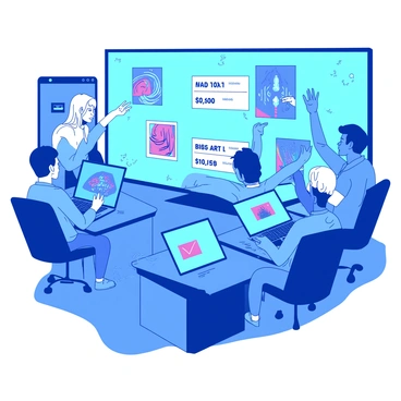 A blue virtual auction room filled with participants engaging through various devices. Each person is sitting at a modern desk, focused on their screen while raising their hands to place bids. In the center of the room, a large digital display showcases vibrant pieces of digital art, each highlighting different styles and colors. The atmosphere is filled with excitement as animated bid amounts increase on the screen. Several participants display expressions of concentration and anticipation as they interact with the auction.