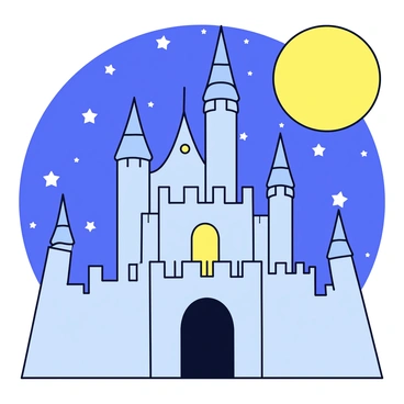A fairy tale castle with tall, pointed towers and a large arched entrance. The castle has intricate details on its walls and windows. The sky is filled with numerous stars, creating a sparkling effect. A large, luminous moon is positioned above the castle, casting a gentle glow that highlights the castle's features. The overall scene is framed as a night landscape, emphasizing the enchanting atmosphere.