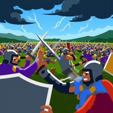 A vast battlefield filled with armored warriors in shining suits of armor. The warriors are engaged in fierce combat, wielding swords and shields as they clash in dynamic poses. Dark clouds gather overhead, casting a dramatic light on the scene. Lightning strikes in the distance, illuminating the determined expressions on the warriors' faces. In the background, a hilly landscape can be seen, adding depth to the chaotic atmosphere of the battle.