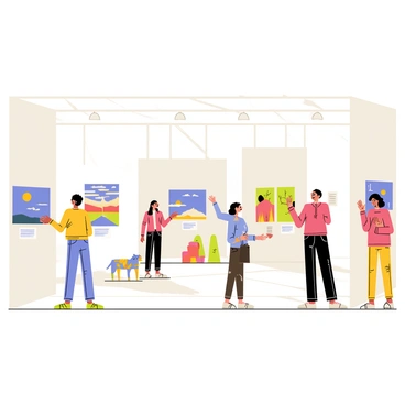 A spacious art gallery with white walls and polished wooden floors. Various artworks created by Lebanese artists are showcased throughout the space. There are colorful paintings featuring abstract designs and landscapes, alongside intricate sculptures made of metal and clay. Small placards next to each piece provide information about the artists and their works. Natural light streams in through large windows, illuminating the gallery and creating a vibrant atmosphere. Visitors are seen admiring the artwork, engaging in conversations, and taking notes.