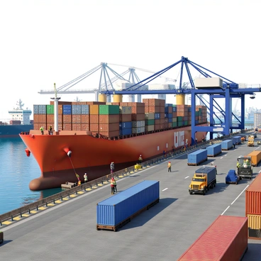 A large container ship, painted in vibrant colors, is docked at a bustling port. Its deck is covered with rows of containers in various sizes and colors, stacked high. Several cranes with long arms are positioned on either side of the ship, actively unloading cargo. Dockworkers in safety vests and hard hats are moving swiftly along the crane's lift, guiding containers with precision. In the background, other ships are anchored, and a busy terminal building can be seen with trucks and cargo handling equipment nearby. The sky is clear with a hint of blue, and the scene is filled with energy as the port operations continue.