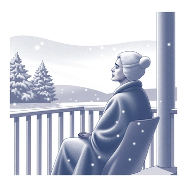 A woman resembling Emily Dickinson is sitting on a porch, wrapped in a thick shawl. She has her head slightly turned, gazing out at a snowy landscape. The snowfall blankets the ground, creating a serene scene with white flakes gently falling. The porch features wooden rails, and the surrounding trees are dusted with snow. In the background, rolling hills are lightly covered, completing the winter vista. The atmosphere is calm, highlighted by the stillness of the winter day.