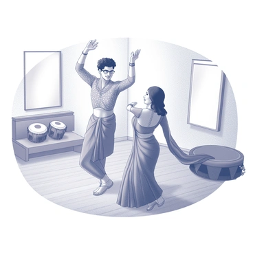 A Maharashtrian couple is practicing a traditional dance routine in a dance studio. The man is dressed in a dhoti and kurta, showcasing intricate patterns, while the woman wears a navwari saree with embellishments, tied elegantly. The couple stands in a dynamic pose, with the man lifting his arms in an expressive gesture, while the woman mirrors his movement gracefully. The studio is equipped with mirrors reflecting their movements, and the wooden floor is polished, enhancing the atmosphere of dance practice. Traditional musical instruments like a dholki and a harmonium are positioned nearby, hinting at the rhythmic music accompanying their rehearsal.