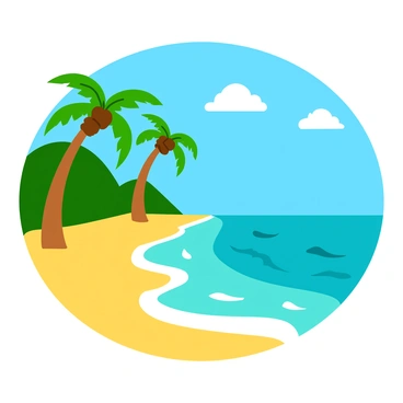 A tropical beach scene featuring tall, swaying palm trees with vibrant green leaves. The beach has soft, golden sand that stretches along the shoreline. The waters are crystal-clear, reflecting shades of blue and turquoise under the bright sunlight. In the background, a few fluffy white clouds drift across a clear blue sky. Small waves gently lap against the shore, creating a peaceful atmosphere.