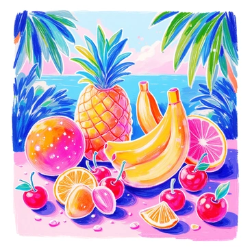 A tropical scene with fruits made of sugary sweets and candy
