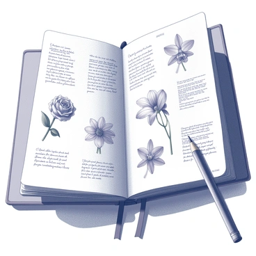 An open botanical journal resting on a wooden table. The left page features detailed sketches of various flowers, including a rose with intricate petal designs and a daisy with a prominent center. The right page showcases a vibrant lily with elongated petals and a delicate orchid with intricate markings. The pages are adorned with handwritten notes in elegant script, describing each flower's characteristics and scientific names. A pencil lies beside the journal, hinting at recent work in the study of botany.