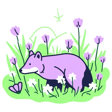 A wolverine is positioned among a variety of blooming wildflowers on a bright spring day. The wolverine has a thick coat, with distinct markings visible on its back and face. Surrounding the wolverine, wildflowers in multiple shapes and sizes create a vibrant field. The flowers have elongated petals and green stems that vary in height, adding depth to the scene. The sunlight casts soft shadows on the ground, enhancing the colors of the flowers and the fur of the wolverine. In the background, there is a blurred landscape of gentle hills beneath a clear sky.