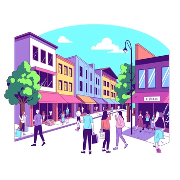 A bright cityscape is filled with various buildings under a clear blue sky. The scene features colorful storefronts with large, inviting windows displaying merchandise. People of diverse backgrounds are walking along the sidewalks, engaging with each other and enjoying the day. Some individuals are carrying shopping bags, while others are sipping drinks from nearby cafes. Trees line the streets, providing patches of green among the vibrant architecture.