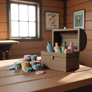 A wooden coffer, aged with a rustic finish, sits prominently on a rough-hewn table in a Wild West saloon. The coffer is slightly open, revealing an assortment of multicolored poker chips, stacked haphazardly alongside several dusty whiskey bottles of varying shapes and sizes. The saloon's wooden walls, adorned with vintage posters, form a warm backdrop. Sunlight filters through a nearby window, casting soft shadows that highlight the textures of the wood and the vibrant colors of the chips.