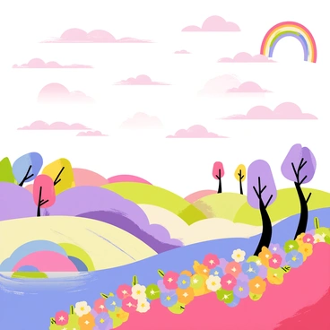 A dreamscape featuring a vast sky filled with "fluffy, swirling clouds" in various shades of "pink, purple, and blue." Below the clouds, an "undulating landscape" showcases "rolling hills" covered with "vibrant, multicolored flowers." A "meandering river" reflects the colorful clouds above, and a "shimmering rainbow" arcs across the sky. In the distance, "whimsical trees" with "twisted trunks" and "large, oversized leaves" populate the scene, creating a playful and imaginative atmosphere.