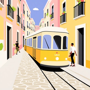 A classic yellow tram is climbing the steep cobblestone streets of Lisbon. The tram features large windows and a curved body, with "Lisbon" written on the front. The cobblestones are uneven and weathered, creating a textured road beneath the tram wheels. Iconic pastel-colored buildings line the street, with wrought iron balconies adorned with potted plants. A blue sky peeks through the narrow street, casting warm sunlight on the scene. A few pedestrians are walking along the sidewalk, enjoying the vibrant atmosphere of the city.