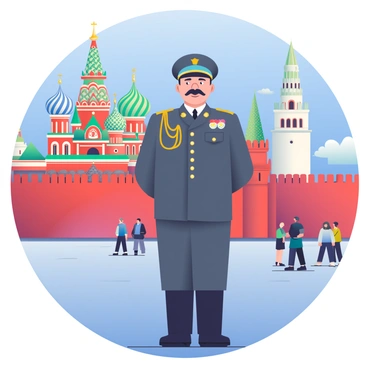 A man resembling Stalin with a thick mustache is standing prominently in Red Square. He is wearing a dark gray military uniform adorned with medals and a matching hat. The background showcases historical Russian architecture, including the colorful onion domes of St. Basil's Cathedral with its intricate patterns, and the red-brick walls of the Kremlin. In the distance, the tall clock tower of the Spasskaya Tower can be seen, adding to the grandeur of the scene. The sky is a bright blue, contrasting with the vibrant colors of the buildings. The square is filled with a few scattered people, some gazing up at the architecture while others engage in conversation.