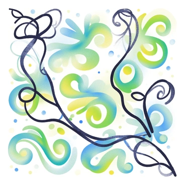 A collection of vibrant watercolor swirls in blues, greens, and yellows fills the background, creating a soft gradient effect. In the foreground, bold black ink lines form intricate patterns and shapes, intertwining with the watercolor. The textured paper adds depth, showcasing the contrast between the fluidity of the watercolor and the precision of the ink. Various small splashes of color are scattered throughout the image, enhancing the lively composition.