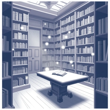 A large library filled with towering bookshelves. The shelves are covered in various antique books, some with ornate bindings and intricate details. Books are floating gently in the air, creating a sense of wonder. Soft, glowing orbs of light are scattered throughout the space, illuminating the dark corners and casting delicate shadows on the wooden floor. A large, ornate wooden table sits in the center of the library, with a few books open, their pages fluttering as if caught by a gentle breeze. The room has a high ceiling with an intricate design, adding to the magical atmosphere.