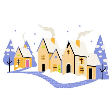 A picturesque village with quaint houses covered in a thick layer of white snow. Each house has a sloping roof, and wisps of gray smoke rise from their chimneys, curling into the clear blue sky. Snow-laden trees surround the village, and a cobblestone path winds through the center, leading to a small town square. Soft snowflakes are gently falling from the sky, adding to the wintry charm of the scene.