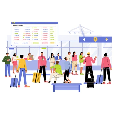 A busy airport terminal scene from 2019 filled with travelers of various backgrounds. There are people pulling rolling suitcases and standing in lines at check-in counters. A large flight information screen is mounted on the wall, displaying multiple arriving and departing flights with colorful flight numbers and destinations. Groups of travelers are seated on benches, some using their mobile devices while others converse. The terminal is bright with overhead lighting and has large windows revealing planes outside on the tarmac. Signs directing passengers to different gates are visible throughout the scene.