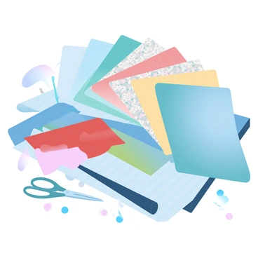 A close-up view of colorful fabric swatches arranged in a fan shape on a designer's table. The swatches feature a variety of textures and patterns, showcasing a vibrant palette of colors including blues, reds, greens, and yellows. The table is made of smooth wood, and there are small sewing tools, such as scissors and pins, scattered nearby. Soft light casts gentle shadows across the fabric, enhancing the rich hues and details of each swatch.