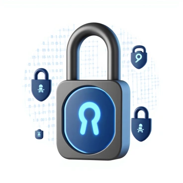 A large digital lock with a sleek, futuristic design, featuring a glowing blue LED display. The lock is cylindrical, made of a metallic material with a brushed finish, and has a keypad with illuminated buttons for entering a code. Surrounding the lock are digital icons representing cybersecurity, such as shields and padlocks. The background includes a faint network of binary code to emphasize the digital theme.