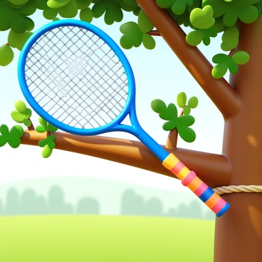 A badminton racket swaying gently in the breeze. The handle is wrapped in bright colored grip tape, while the strings are taut and glimmering. It is tied securely to a tree branch with a piece of twine. The branch is sturdy and covered in green leaves, casting soft shadows in the sunlight. The background features a blurred landscape of grass and distant trees.