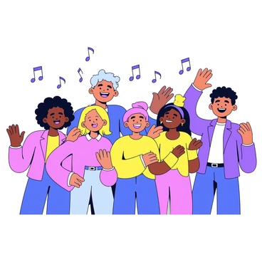 A diverse group of people standing close together, all smiling and singing. There are individuals of different ethnicities, including a Black man with curly hair, an Asian woman with long straight hair, and a Middle-Eastern man with a beard. Each person is dressed in colorful clothing, contributing to the joyful atmosphere. Their hands are raised, and some are swaying gently with the music. They are surrounded by musical notes floating in the air, emphasizing the harmony of their voices.